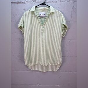Lola River Green White Striped Collard Tunic Top Shirt Size Medium